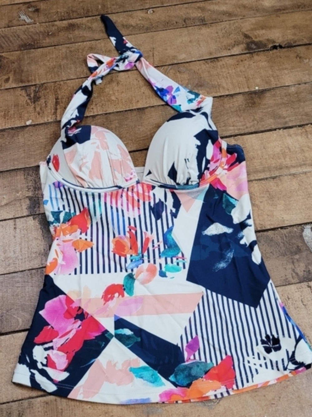 Hapari Multicolor Floral & Navy Halter Tankini Top Small